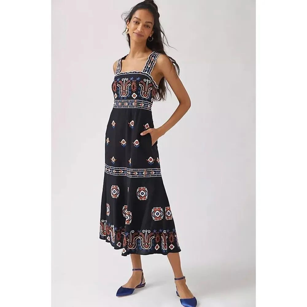 By Anthropologie Womens Sleeveless Embroidered Floral Midi Dress Size 14